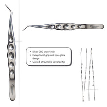 Stainless steel tweezers with curved atraumatic serrated tip on a white background