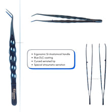 Ergonomic surgical tool with blue DLC coating and curved serrated tip on a white background