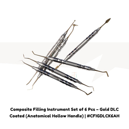 Composite Filling Instrument Set of 6 Pcs – Gold DLC Coated (Anatomical Hollow Handle) | #CFIGDLCK6AH