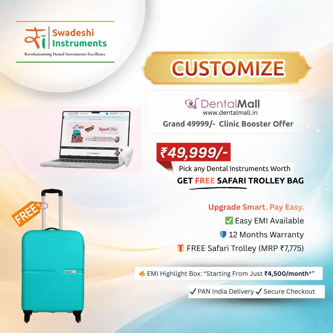 Advertisement for Swadeshi Instruments dental instruments with a laptop and teal trolley bag.