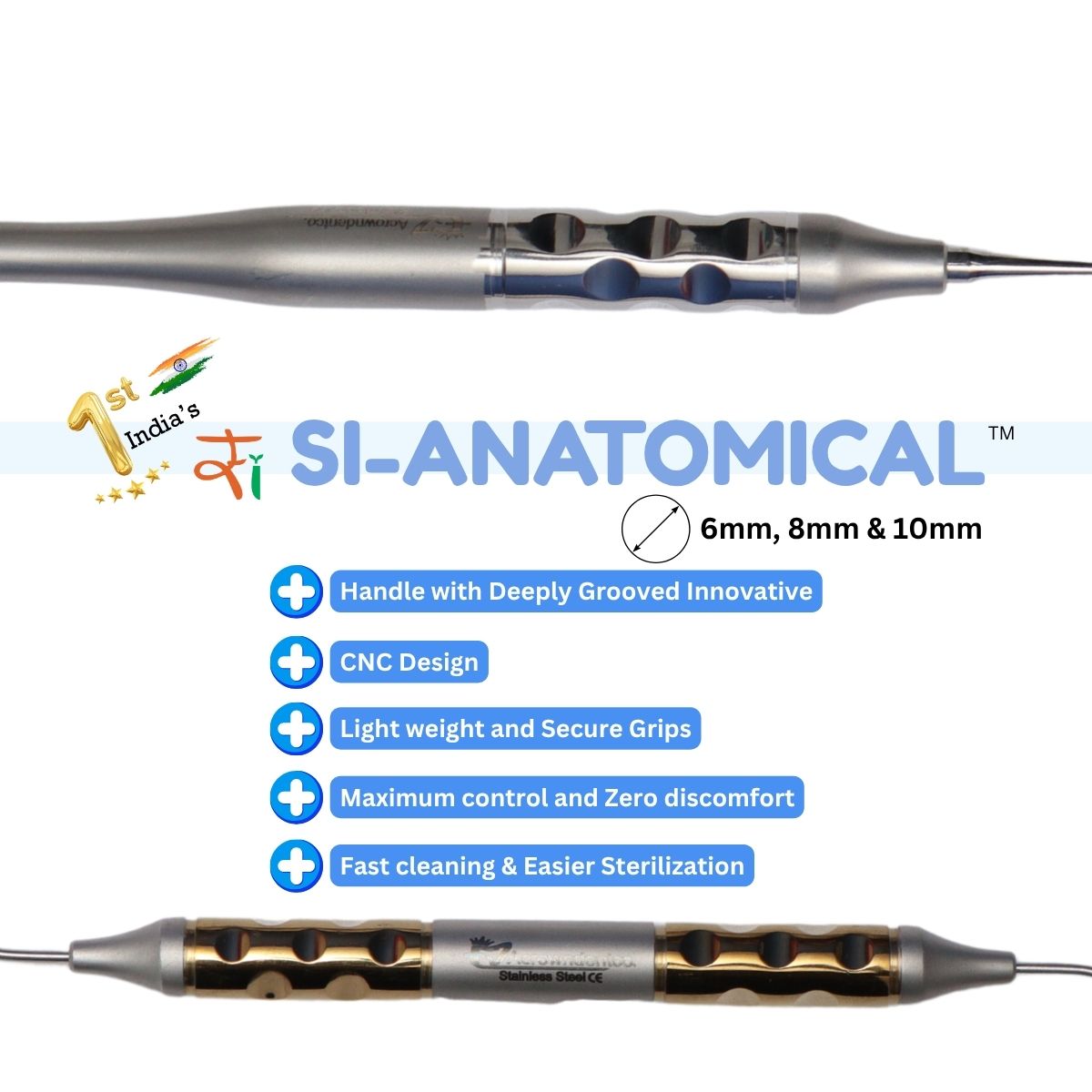 SI-Anatomical dental tool with features listed on a white background