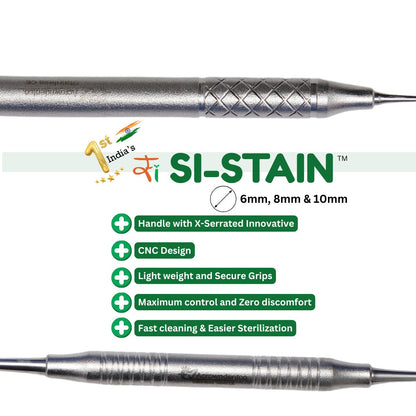 SI-STAIN surgical instrument with branding and specifications on a white background